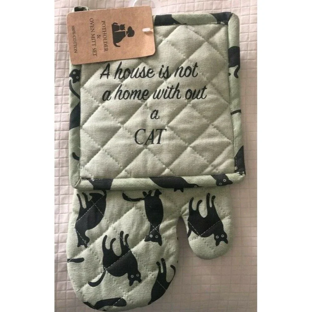 Cat Kitchen Oven Mitt Potholder Set Kitty Kitten Pet House Home Without a Cat
